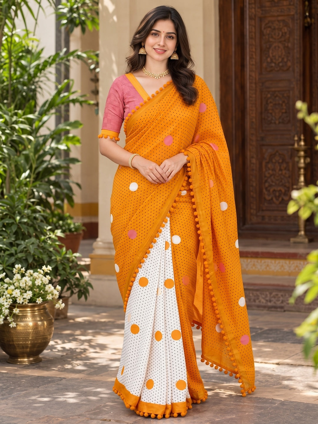 Peachmode Mustard Yellow Polka Dot Mul Cotton Saree with Blouse - Image 1