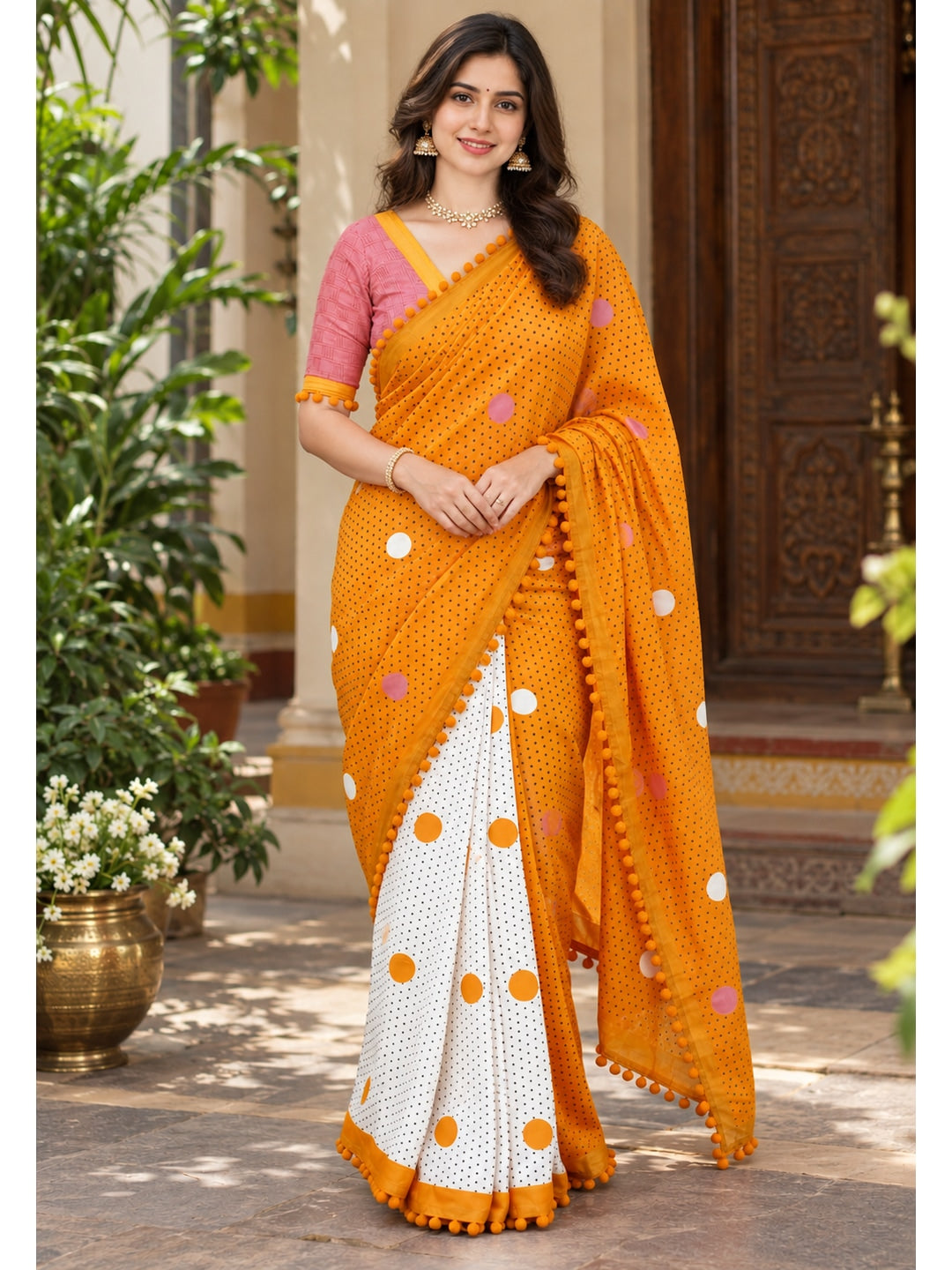 Peachmode Mustard Yellow Polka Dot Mul Cotton Saree with Blouse - Image 2