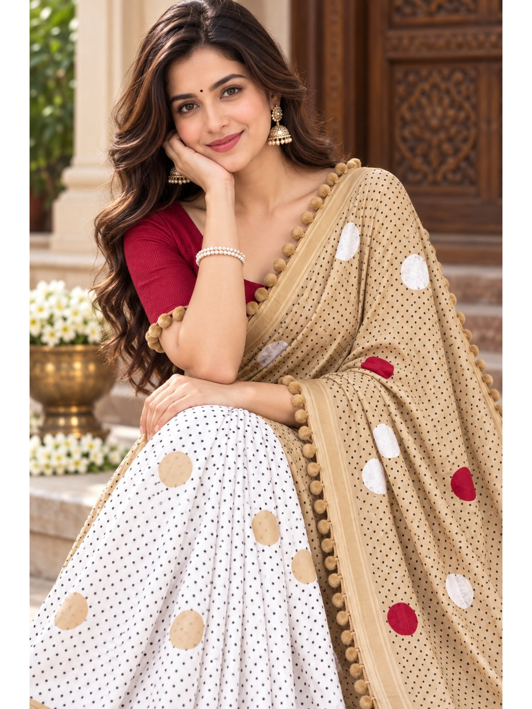 Peachmode Beige Polka Dot Mul Cotton Saree with Blouse - Image 3