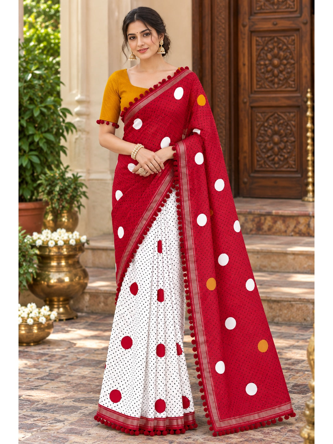 Peachmode Red Polka Dot Mul Cotton Saree with Blouse - Image 2