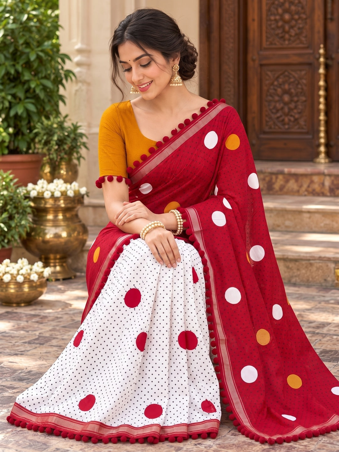 Peachmode Red Polka Dot Mul Cotton Saree with Blouse - Image 5