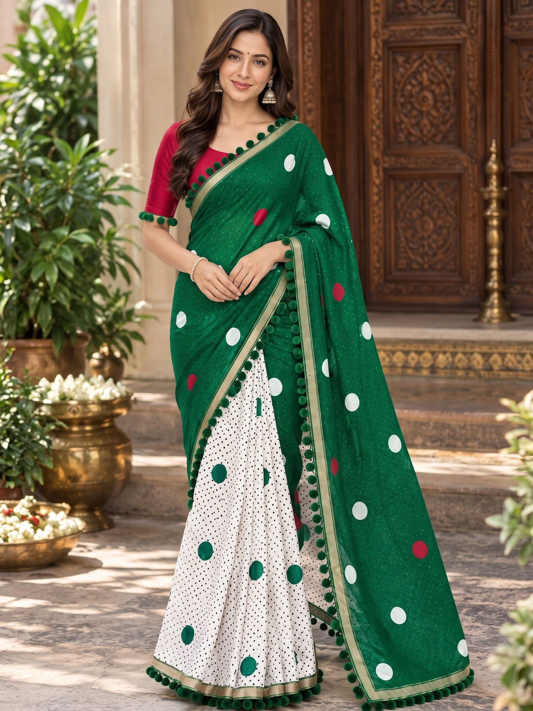 Peachmode Green Polka Dot Mul Cotton Saree with Blouse - Image 1