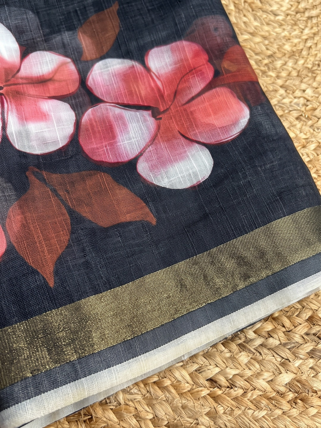 Black Floral Printed Linen Saree with Matching Blouse - Image 2