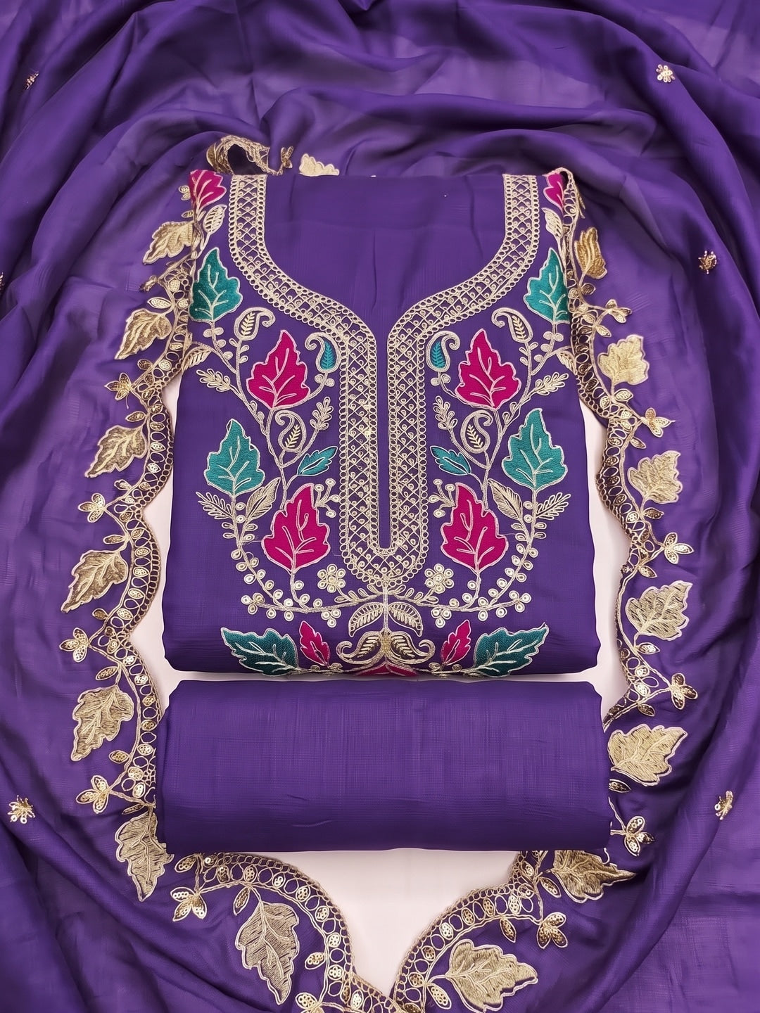 Purple Floral Embroidered Vichitra Silk Unstitched Dress Material - Image 1