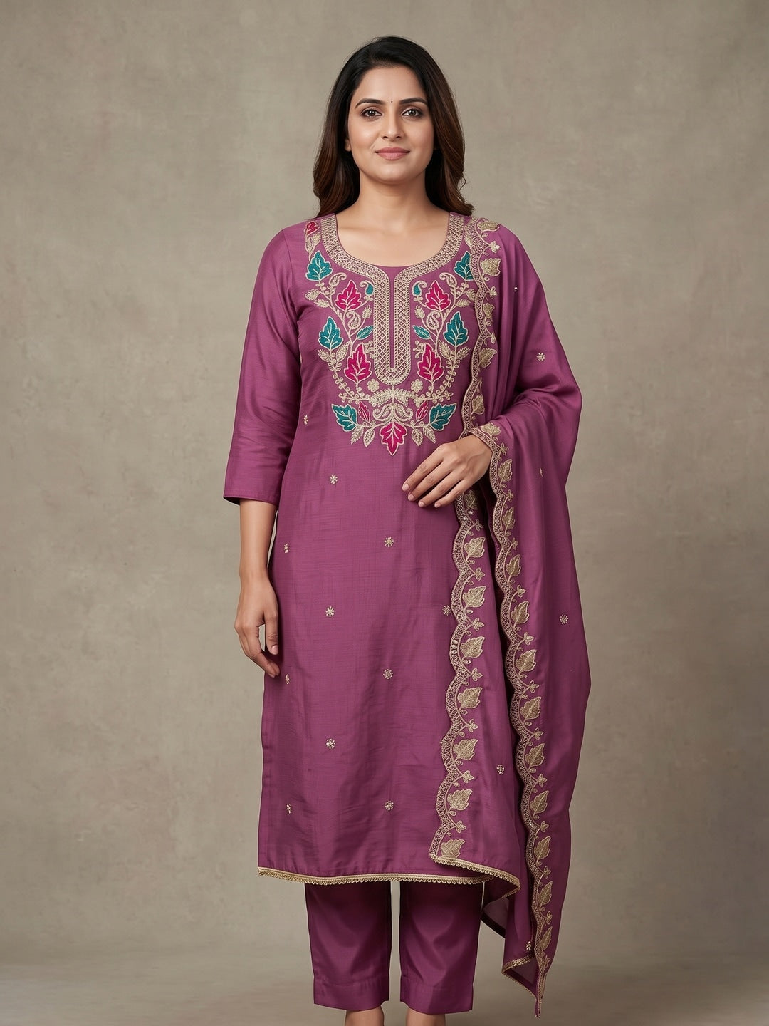 Wine Floral Embroidered Vichitra Silk Unstitched Dress Material - Image 2