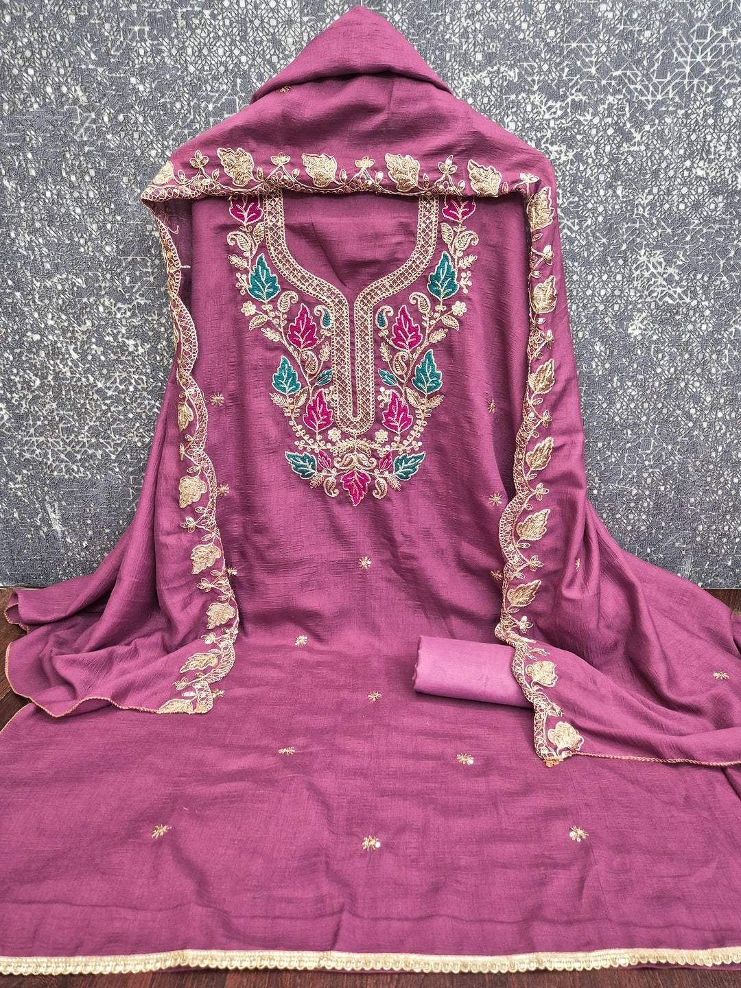 Wine Floral Embroidered Vichitra Silk Unstitched Dress Material - Image 5