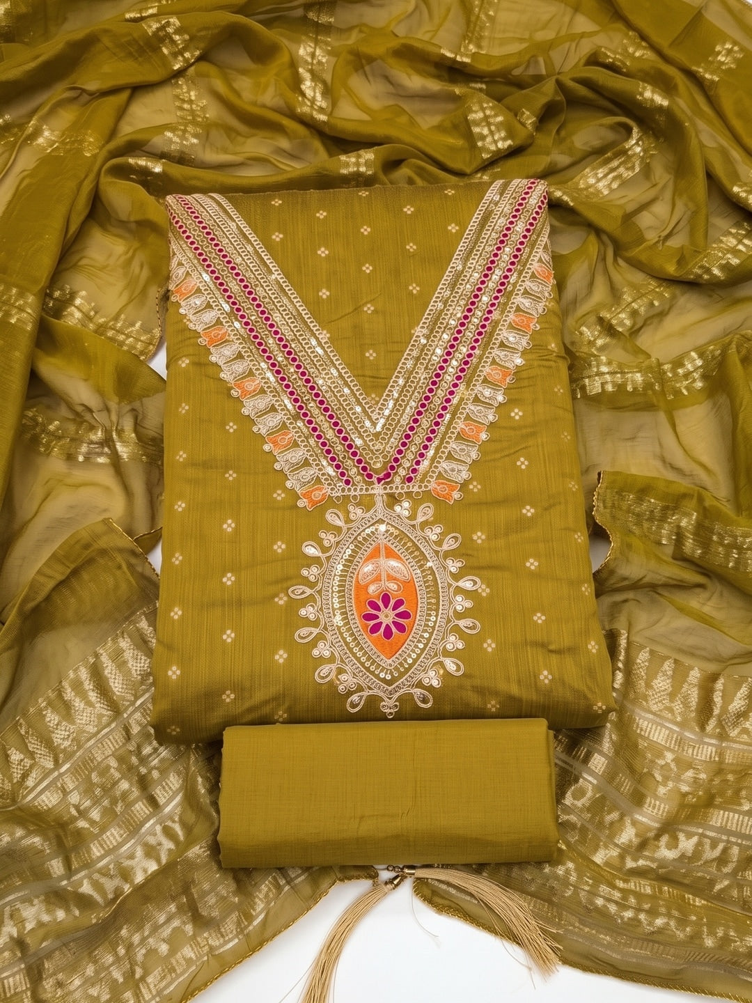Mustard Embroidered Chanderi Unstitched Dress Material - Image 1