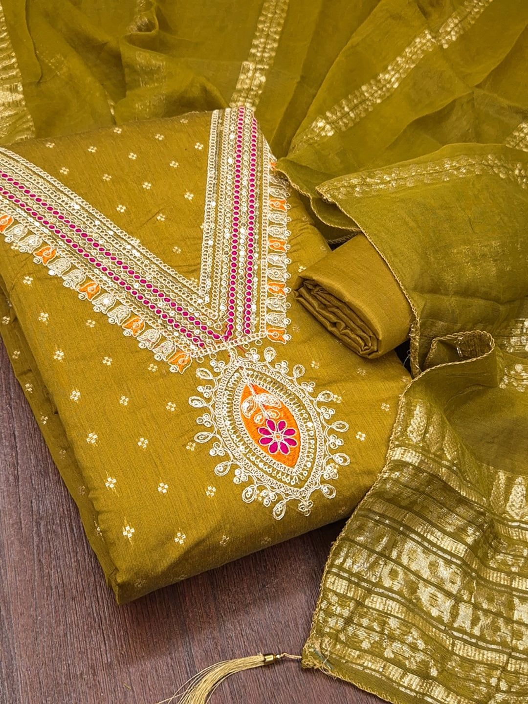 Mustard Embroidered Chanderi Unstitched Dress Material - Image 4