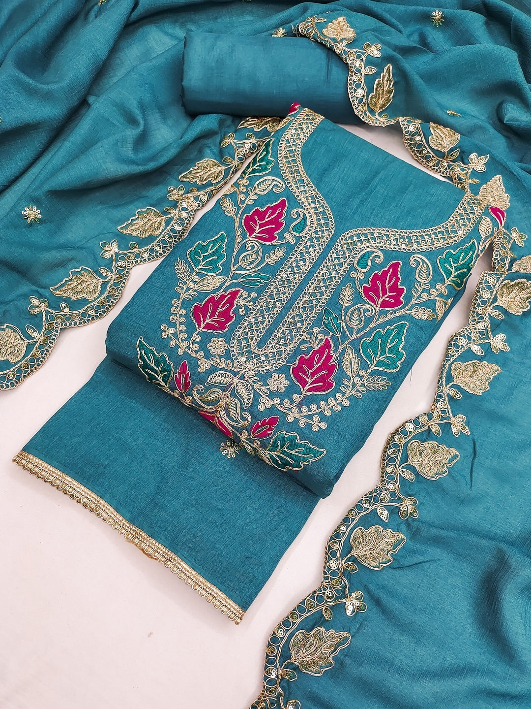 Teal Floral Embroidered Vichitra Silk Unstitched Dress Material - Image 3