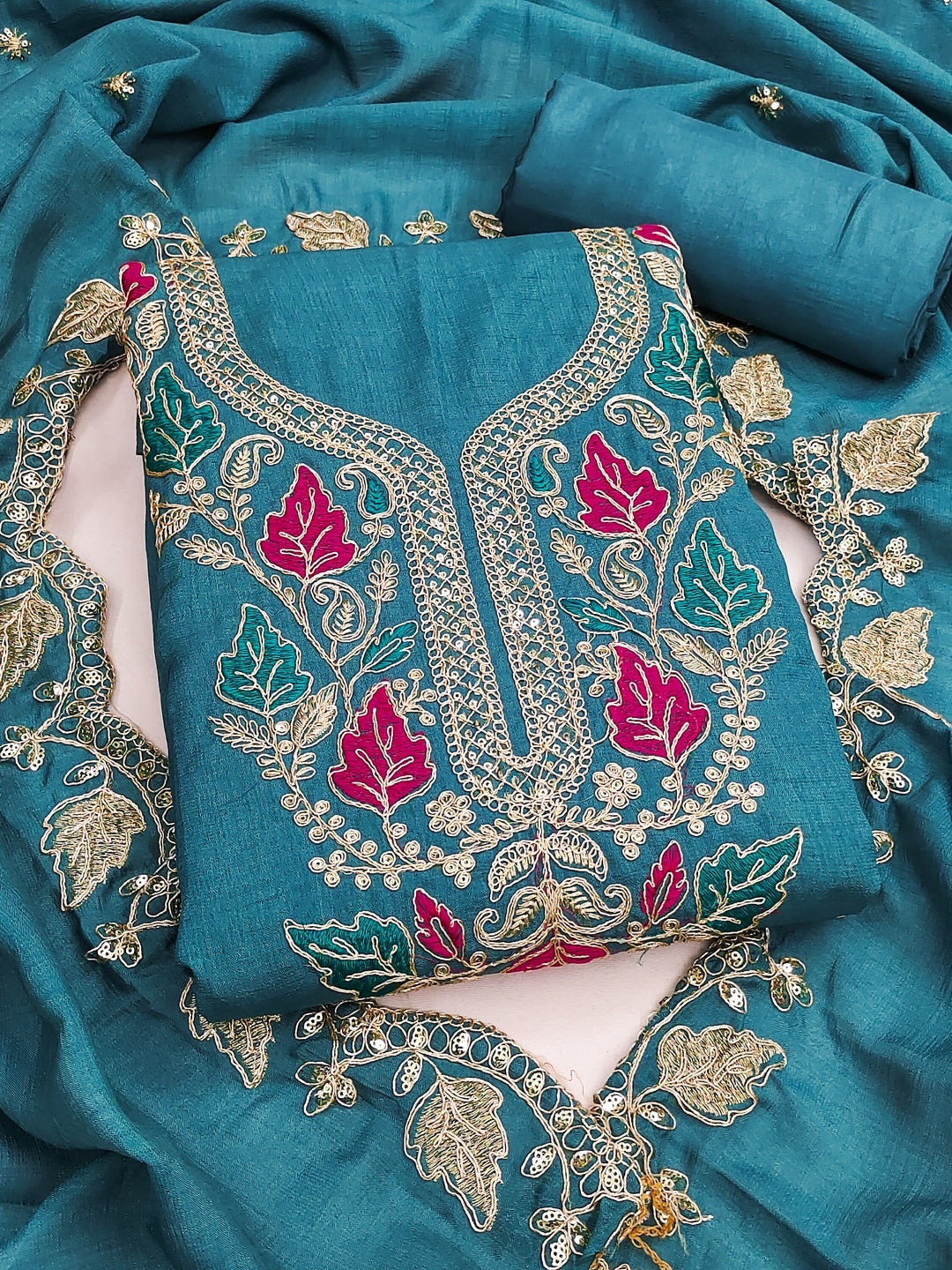 Teal Floral Embroidered Vichitra Silk Unstitched Dress Material - Image 4