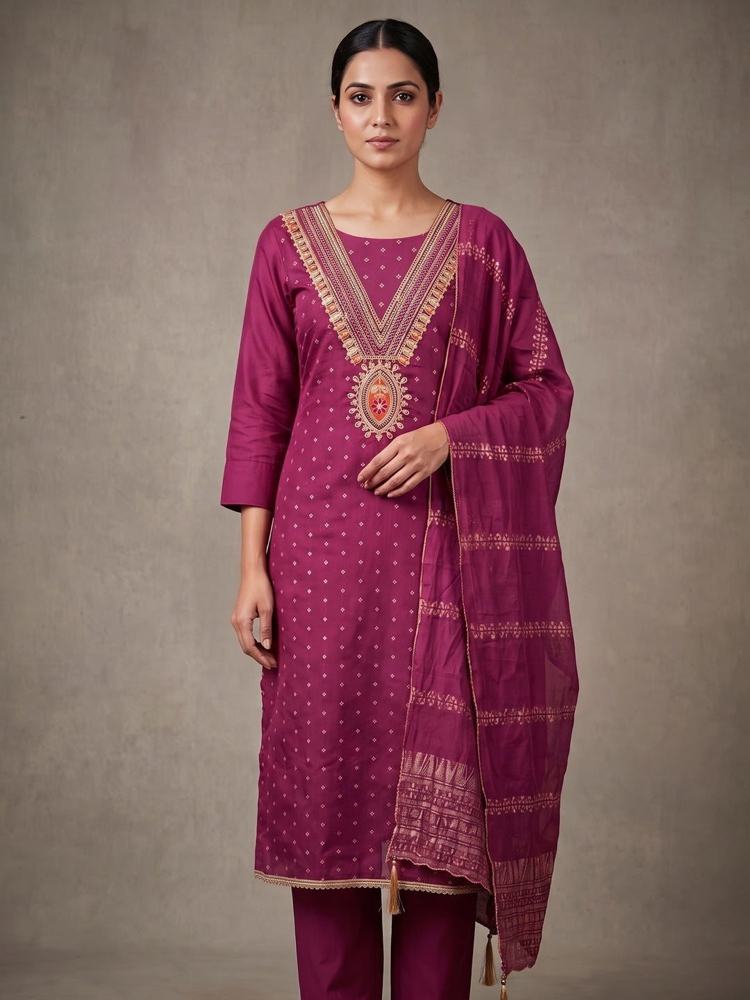 Magenta Embroidered Chanderi Unstitched Dress Material - Image 2
