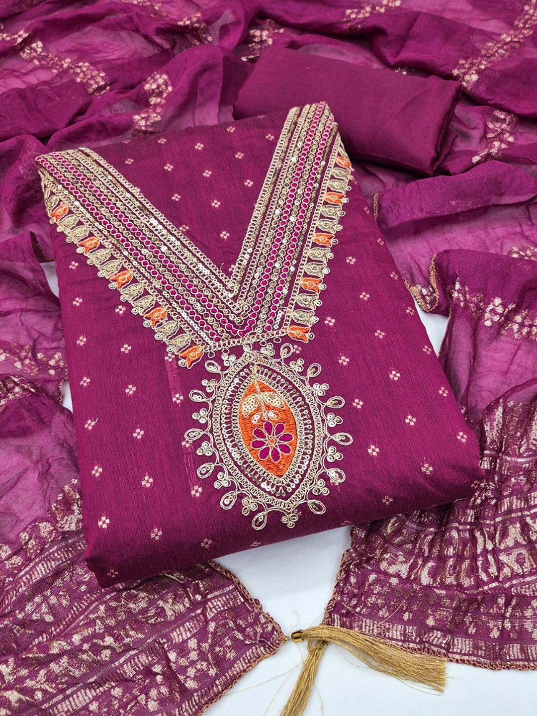 Magenta Embroidered Chanderi Unstitched Dress Material - Image 4
