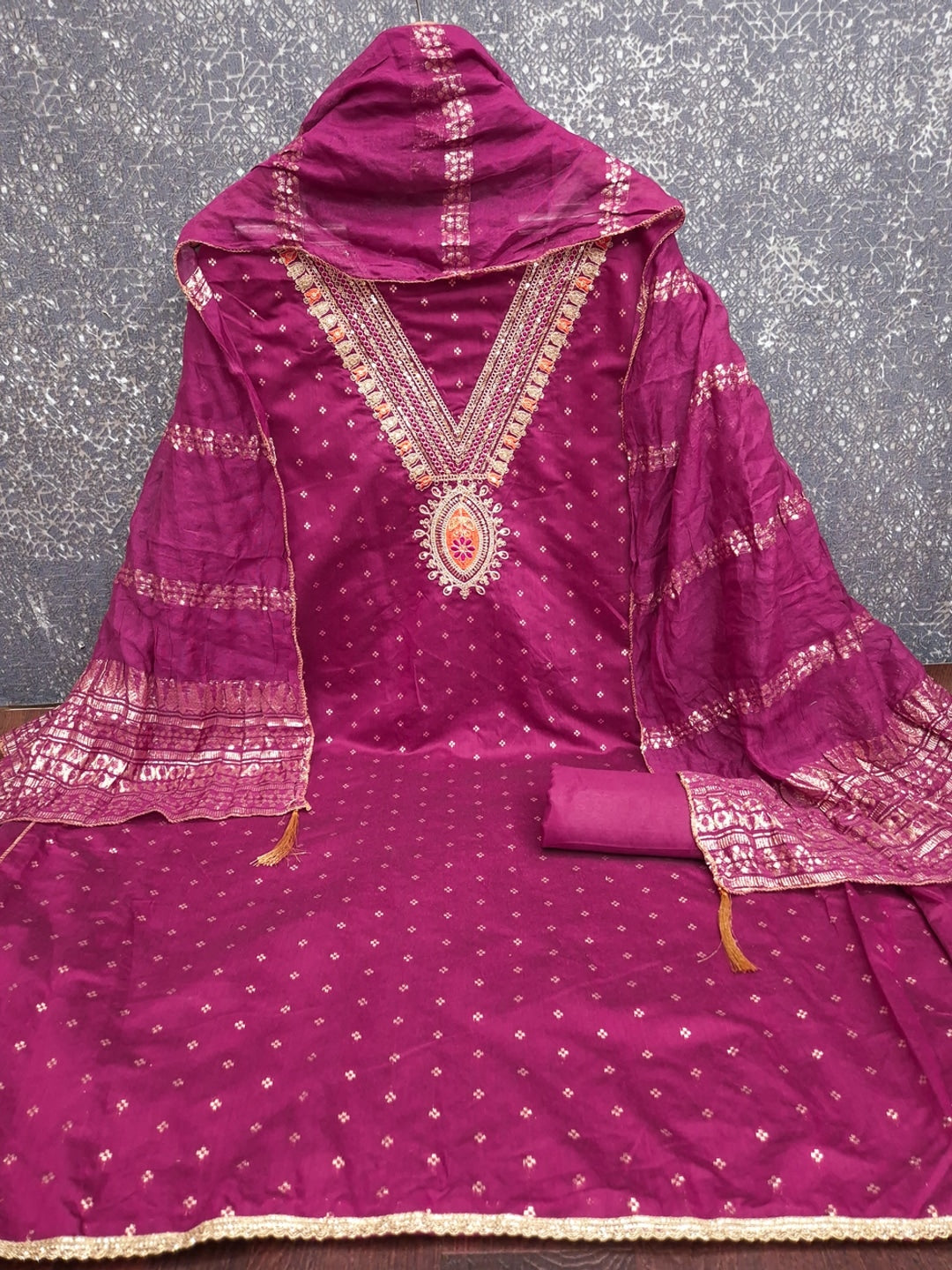 Magenta Embroidered Chanderi Unstitched Dress Material - Image 5