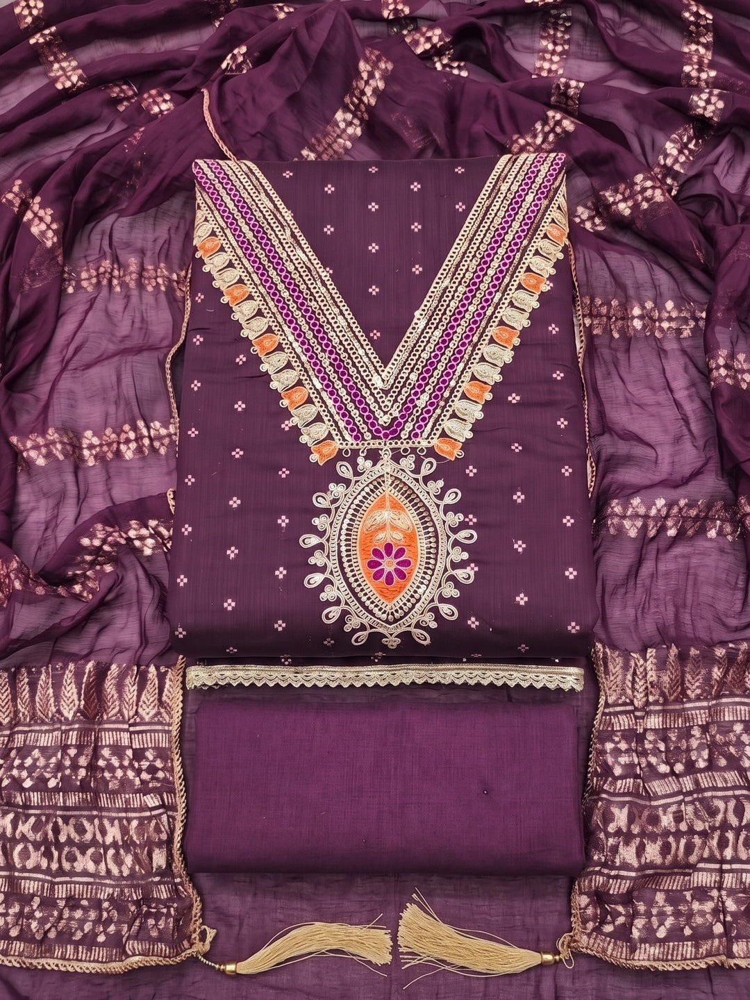Wine Embroidered Chanderi Unstitched Dress Material - Image 1