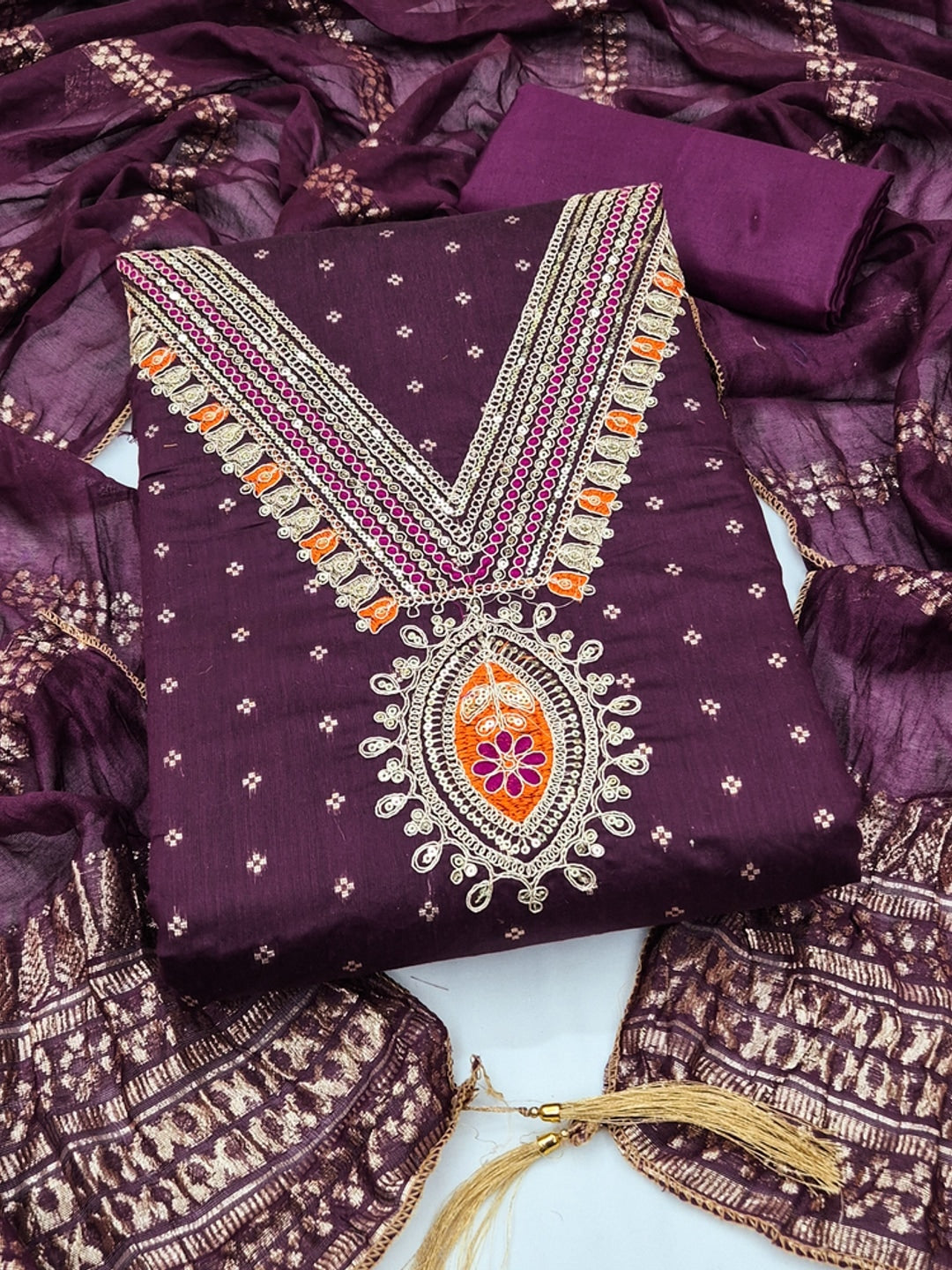 Wine Embroidered Chanderi Unstitched Dress Material - Image 4