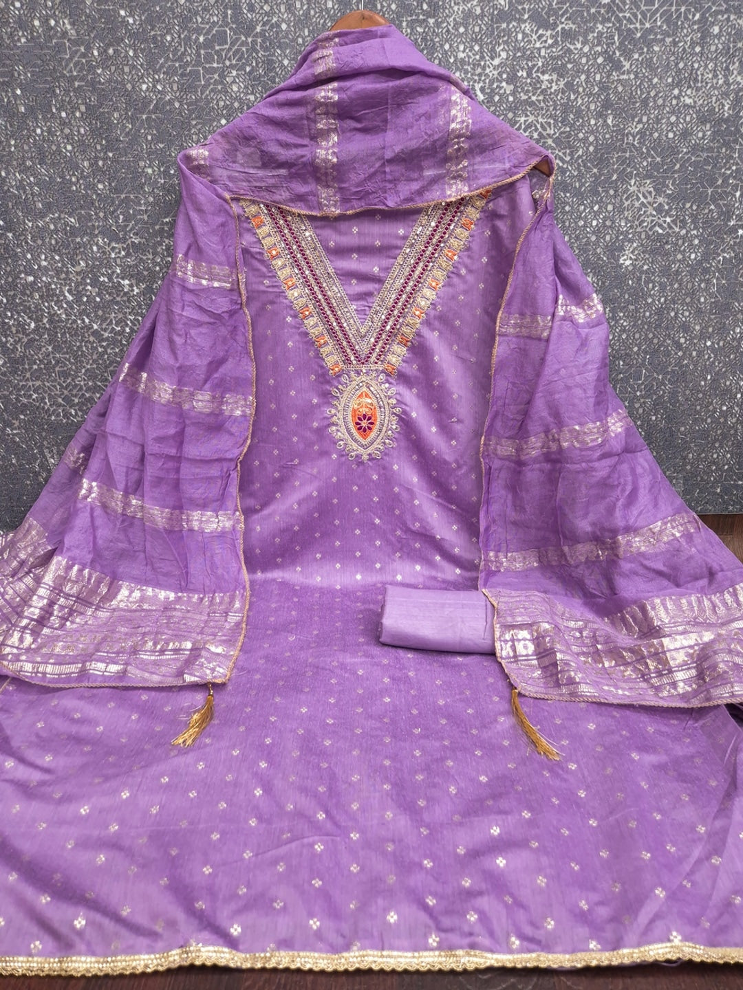 Lavender Embroidered Chanderi Unstitched Dress Material - Image 5