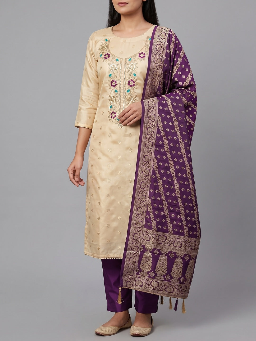 Cream Purple Floral Embroidered Shimmer Unstitched Dress Material - Image 2