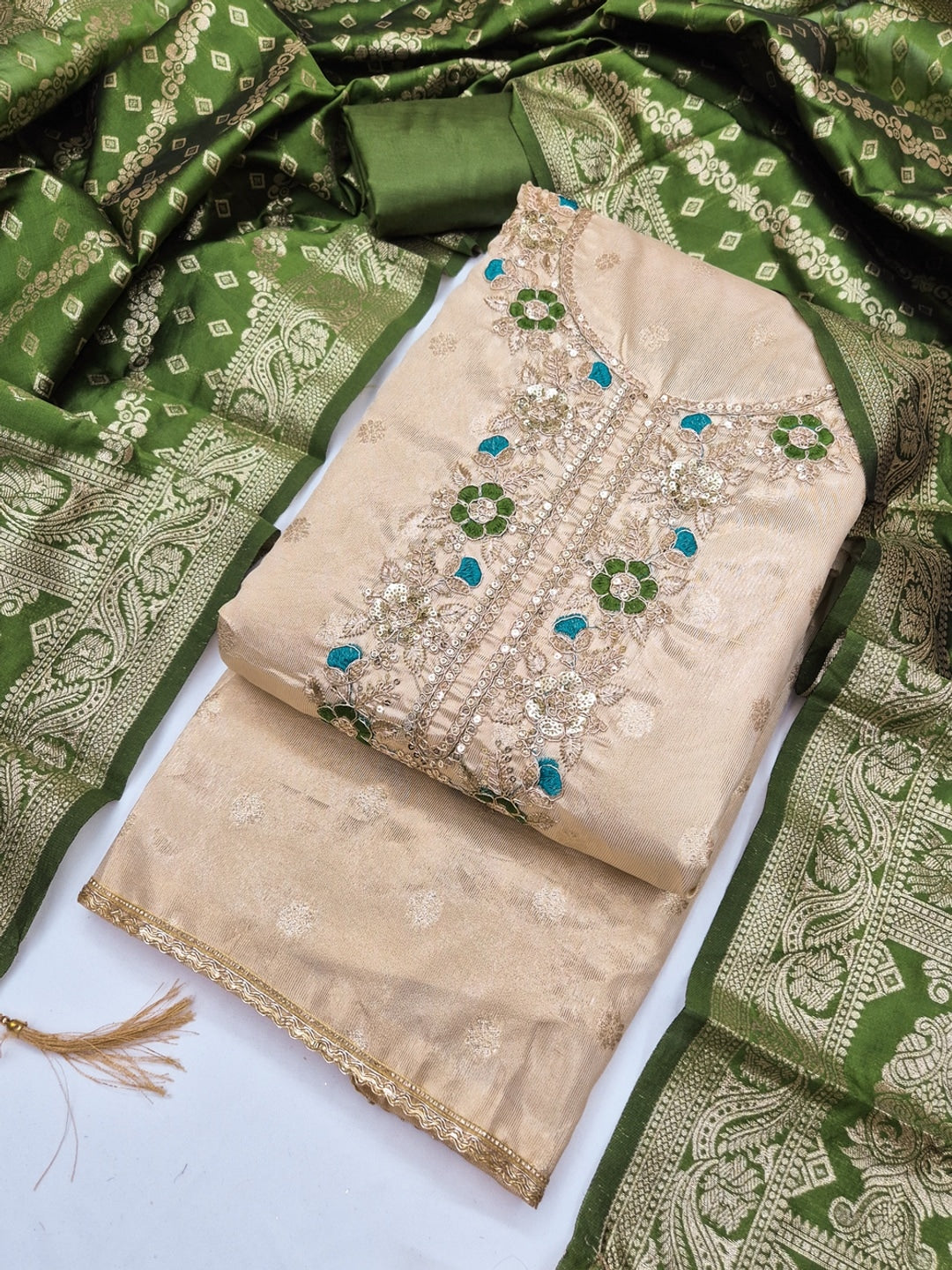 Cream Green Floral Embroidered Shimmer Unstitched Dress Material - Image 3