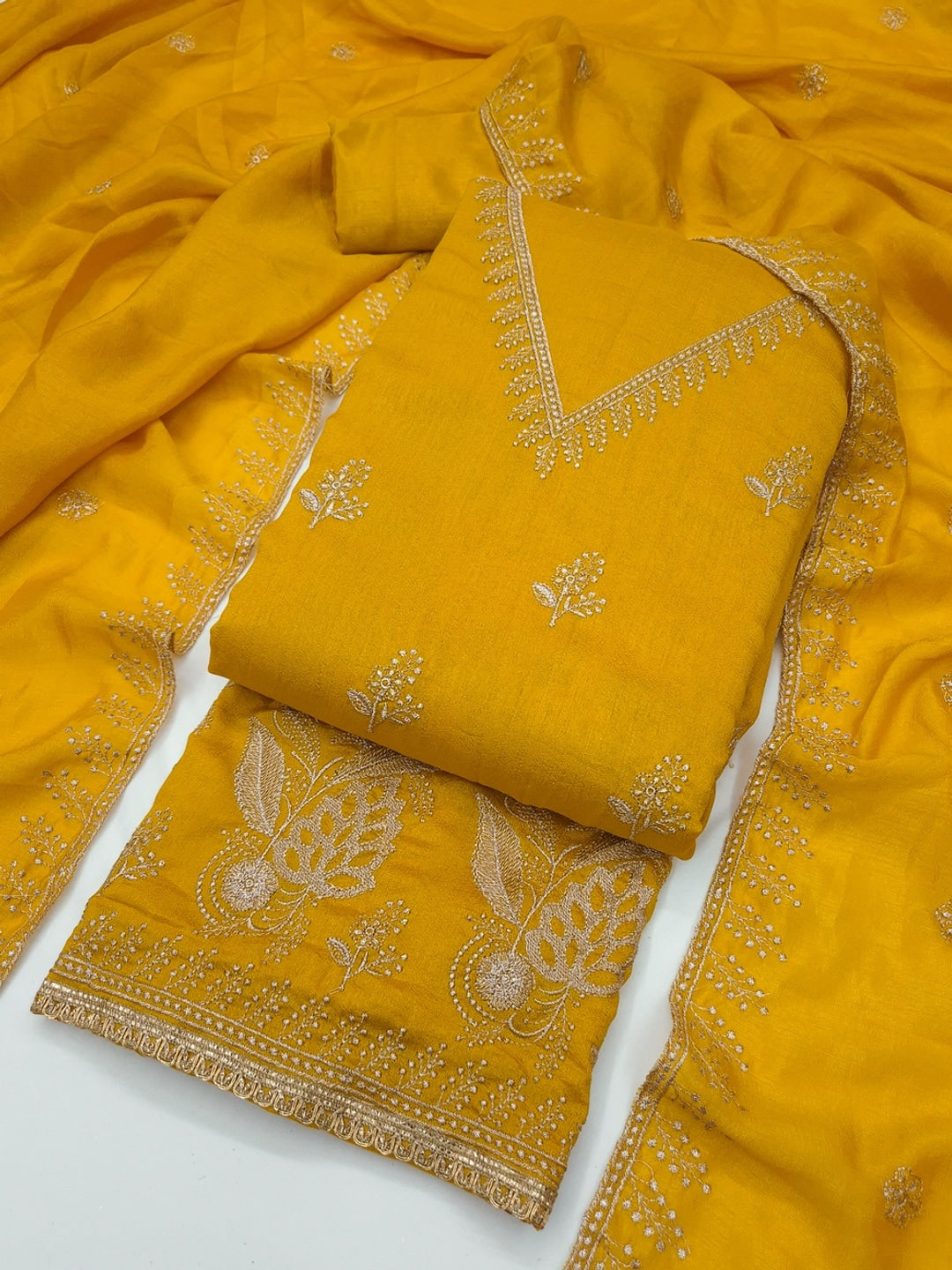 Yellow Floral Embroidered Vichitra Silk Unstitched Dress Material - Image 3