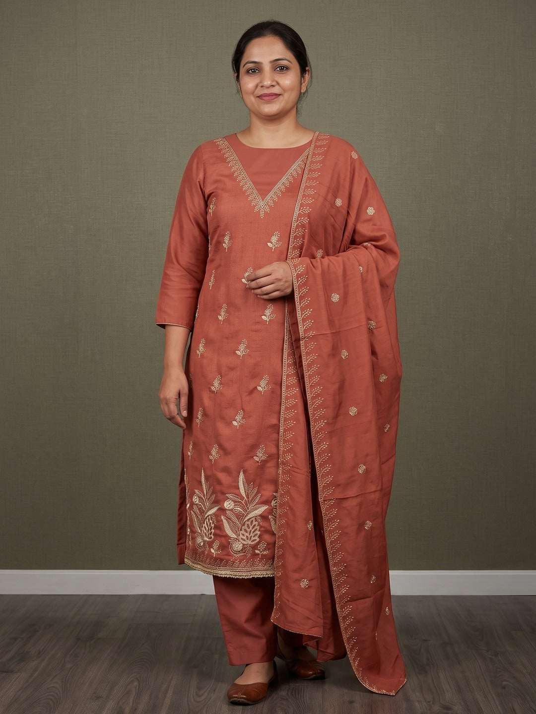 Rust Floral Embroidered Vichitra Silk Unstitched Dress Material - Image 2