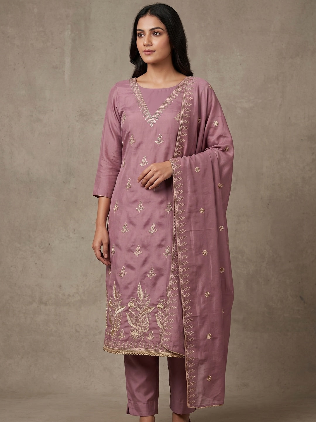 Mauve Floral Embroidered Vichitra Silk Unstitched Dress Material - Image 2