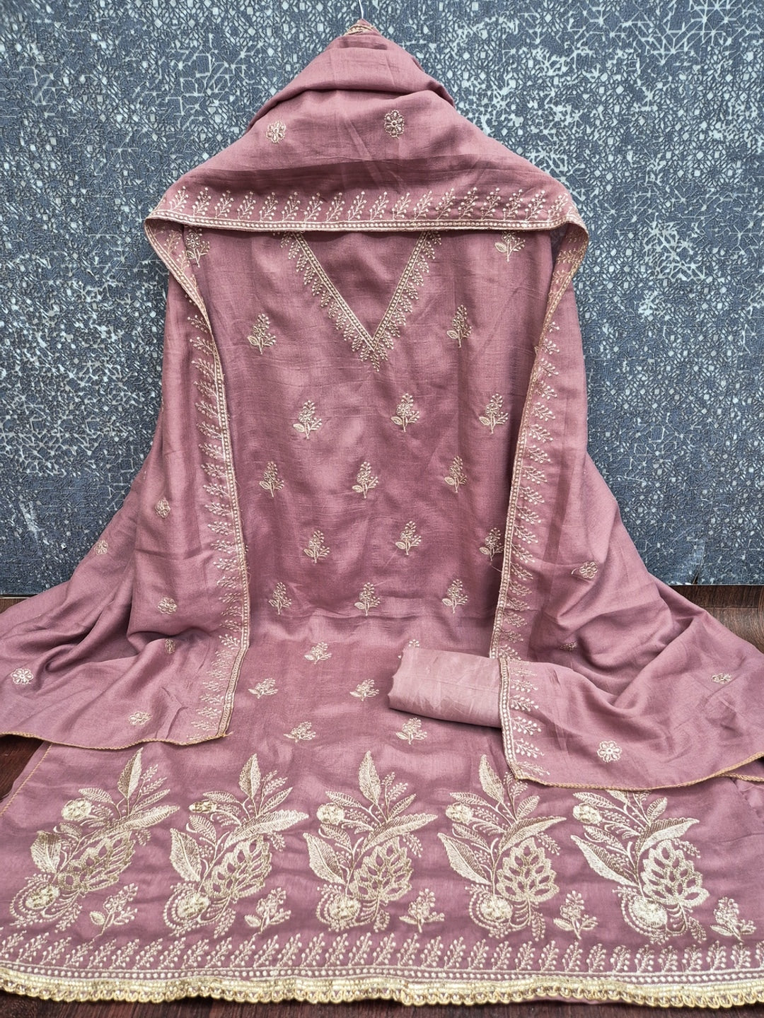 Mauve Floral Embroidered Vichitra Silk Unstitched Dress Material - Image 5