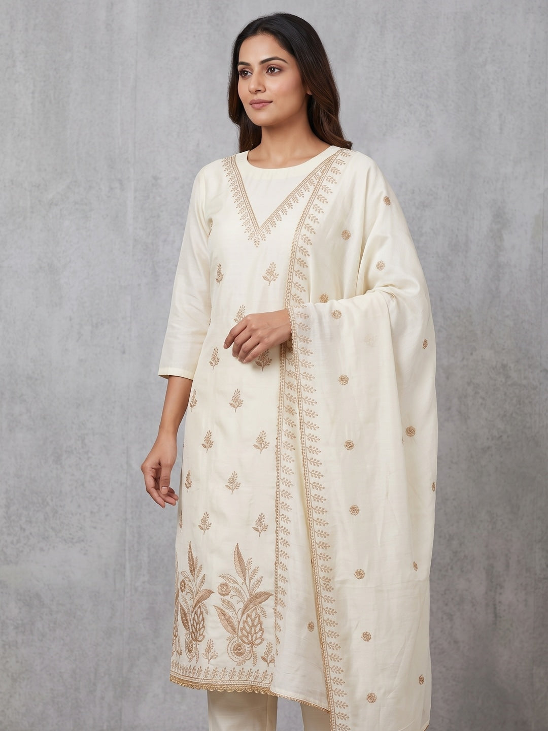 Cream Floral Embroidered Vichitra Silk Unstitched Dress Material - Image 2