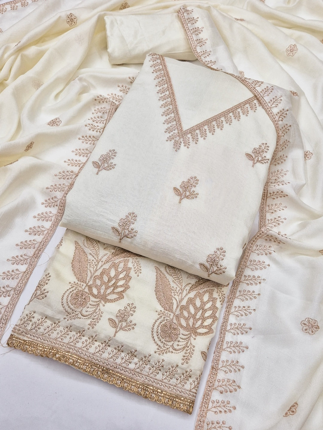 Cream Floral Embroidered Vichitra Silk Unstitched Dress Material - Image 3