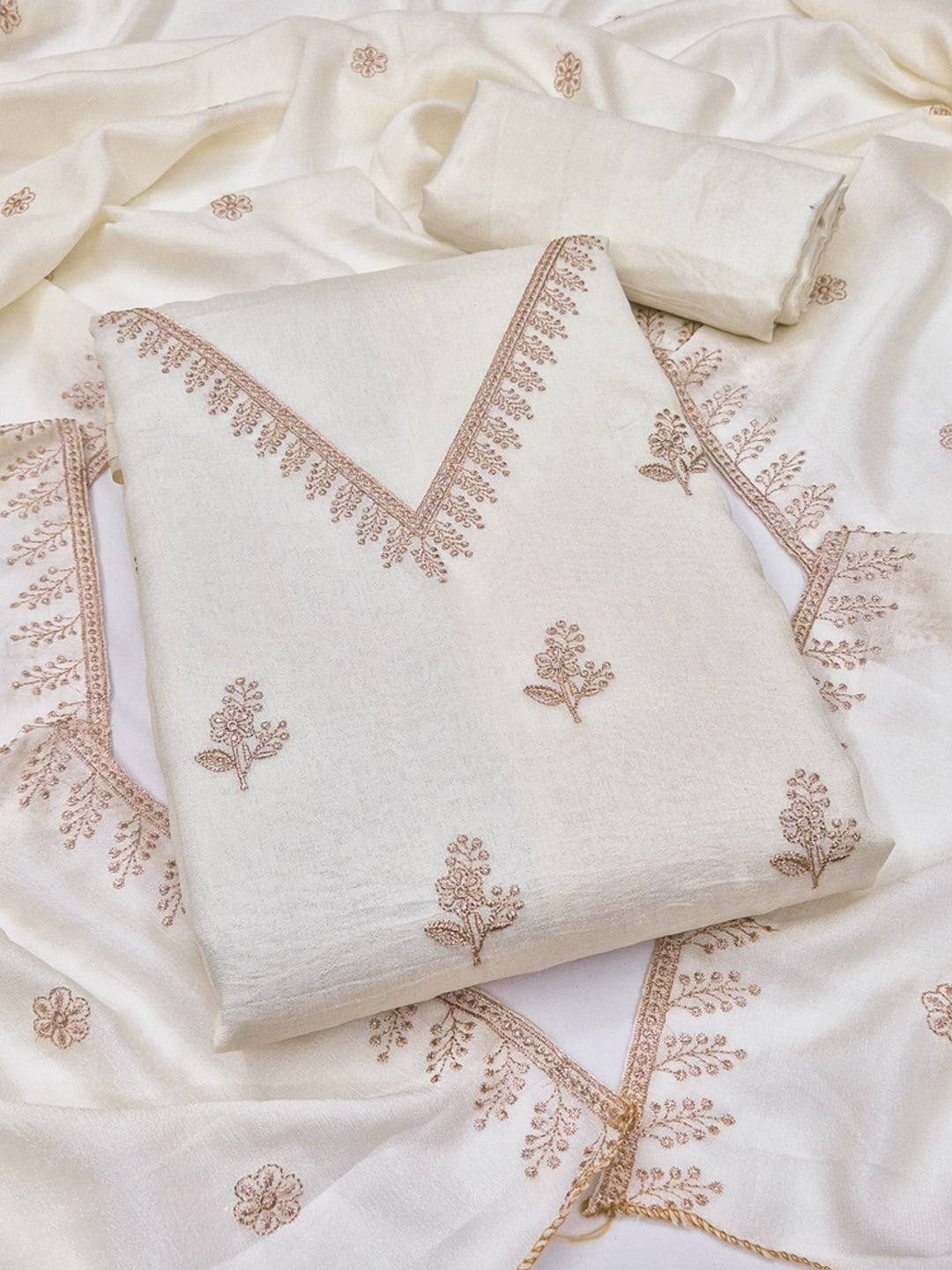 Cream Floral Embroidered Vichitra Silk Unstitched Dress Material - Image 4