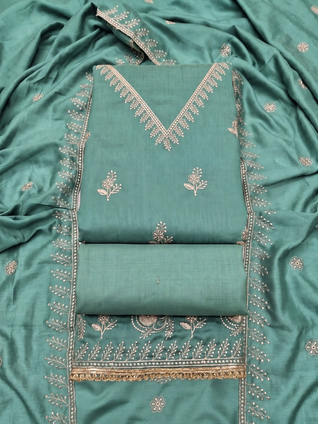 Sea Green Floral Embroidered Vichitra Silk Unstitched Dress Material - Image 1