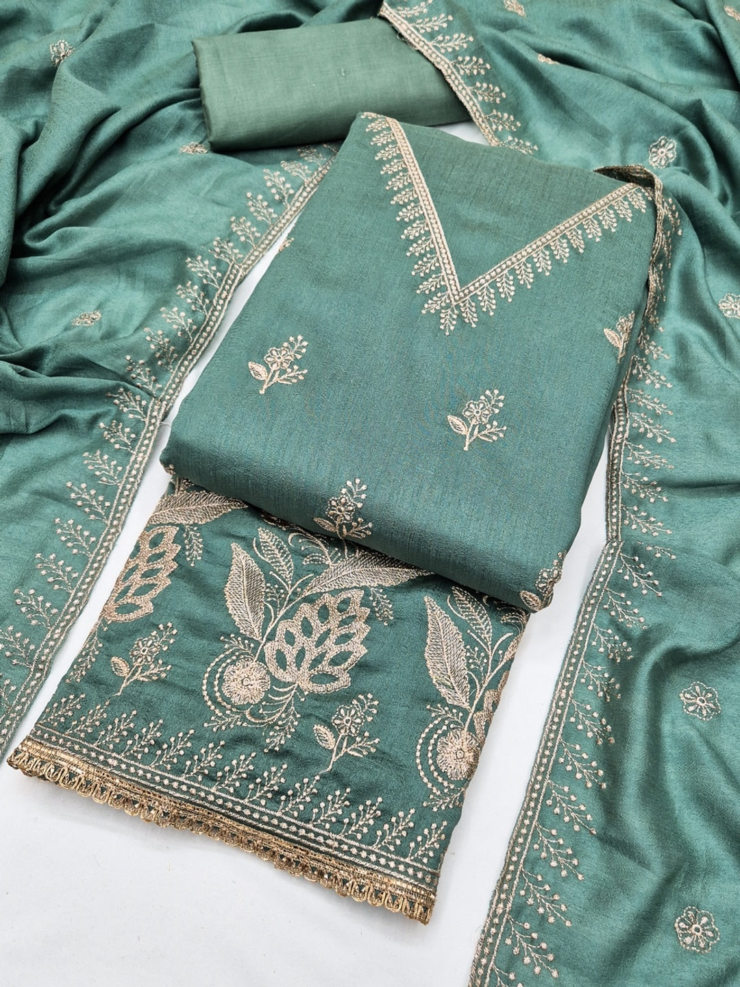 Sea Green Floral Embroidered Vichitra Silk Unstitched Dress Material - Image 3