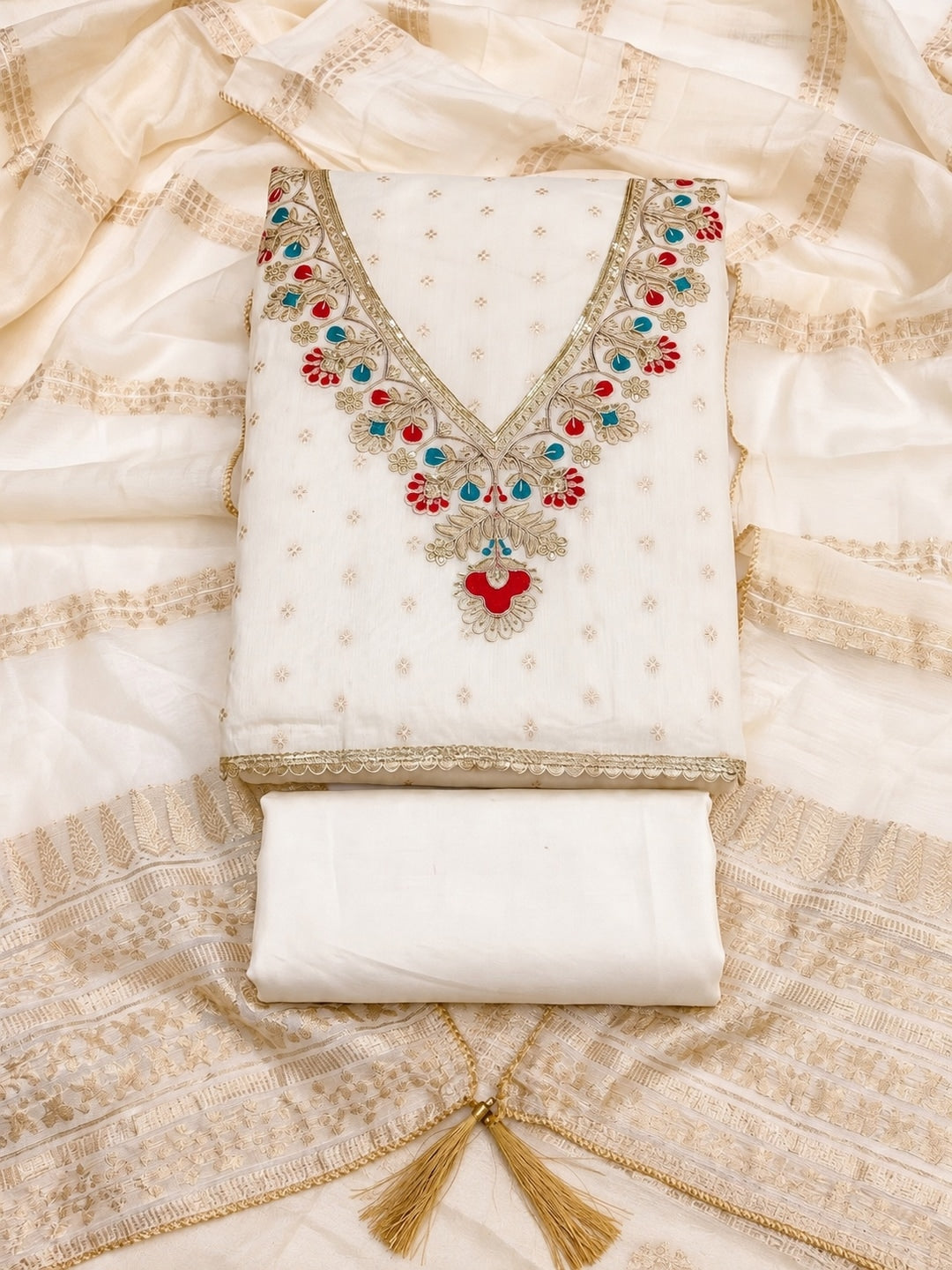 Cream Embroidered Chanderi Unstitched Dress Material - Image 1