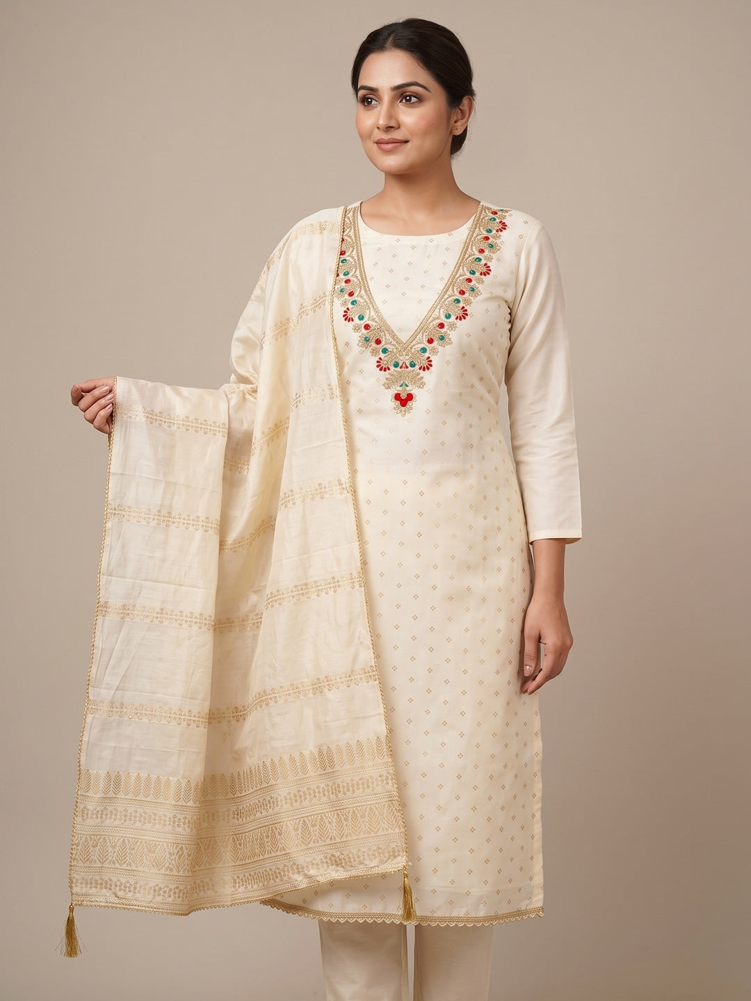 Cream Embroidered Chanderi Unstitched Dress Material - Image 2