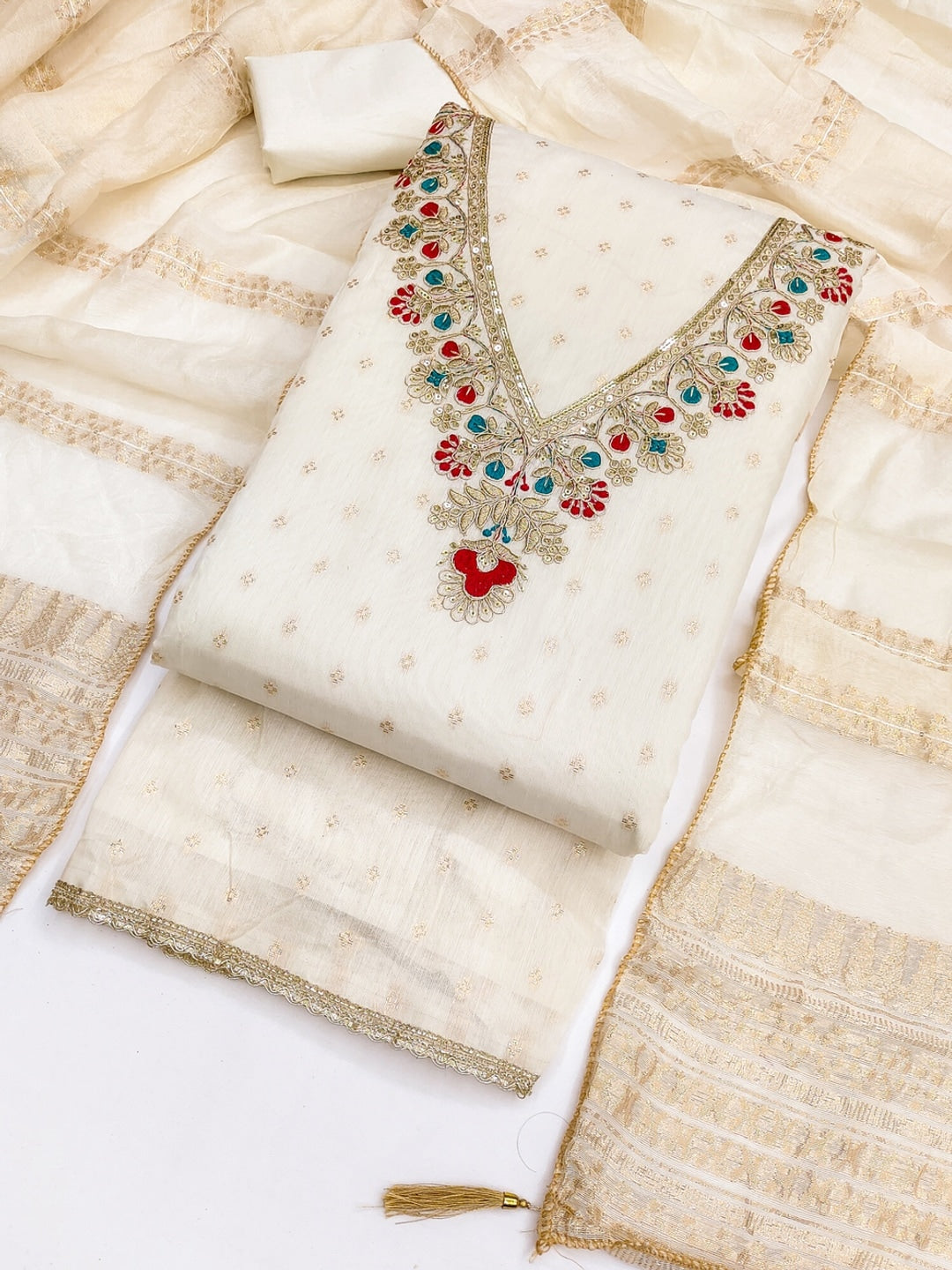 Cream Embroidered Chanderi Unstitched Dress Material - Image 3