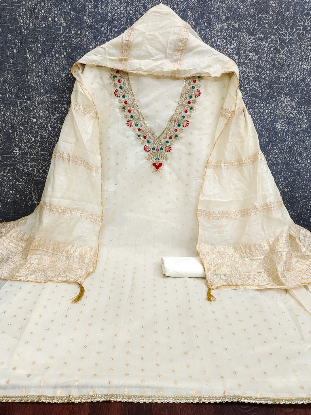 Cream Embroidered Chanderi Unstitched Dress Material - Image 5