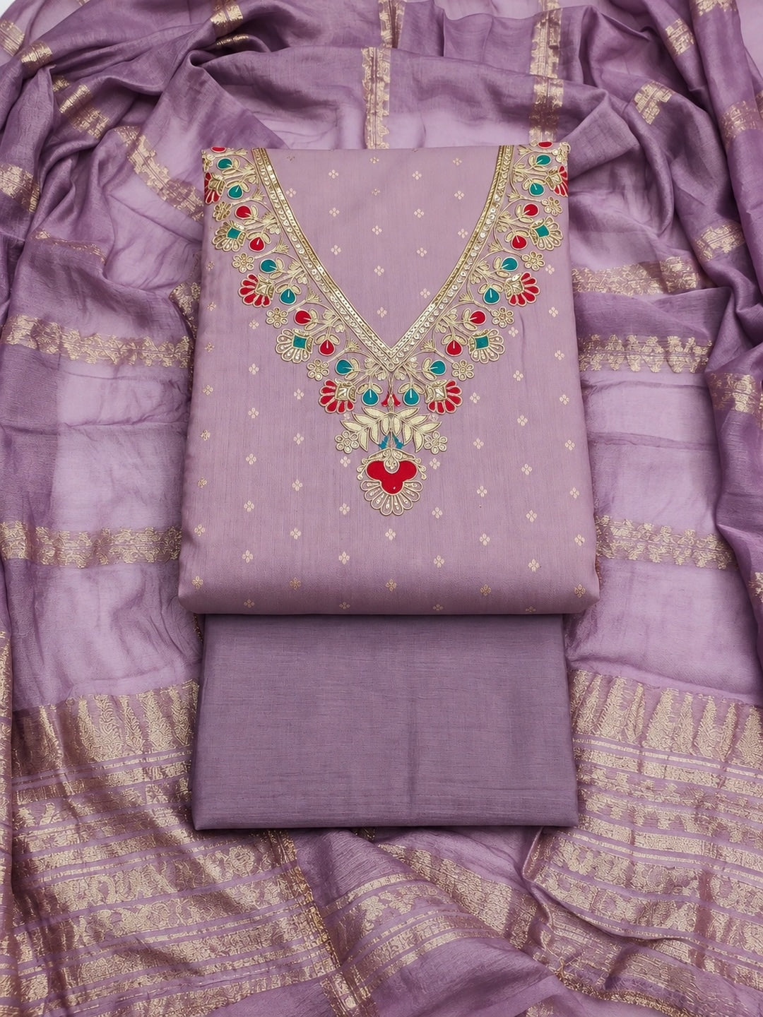 Lavender Embroidered Chanderi Unstitched Dress Material - Image 1