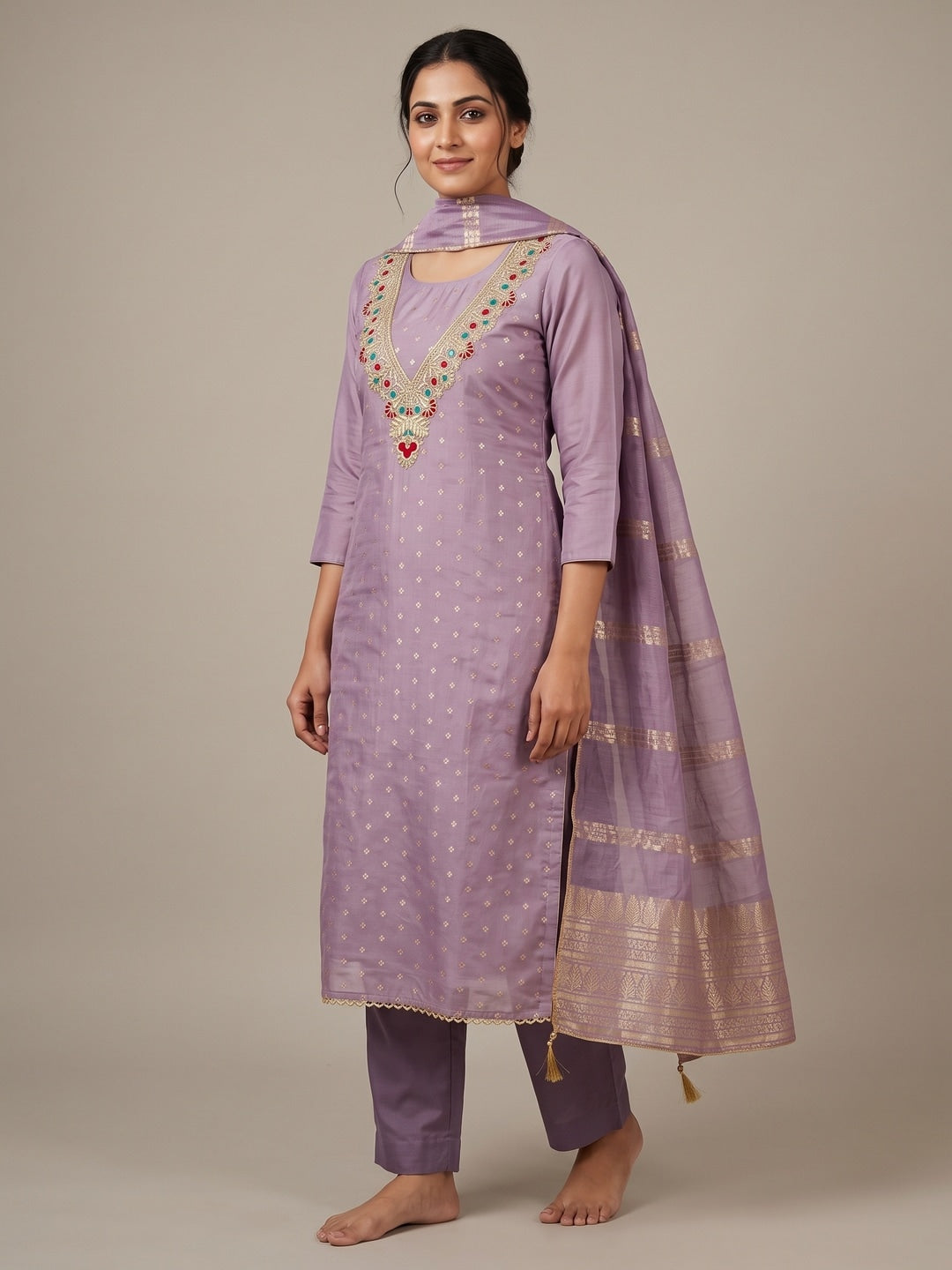 Lavender Embroidered Chanderi Unstitched Dress Material - Image 2