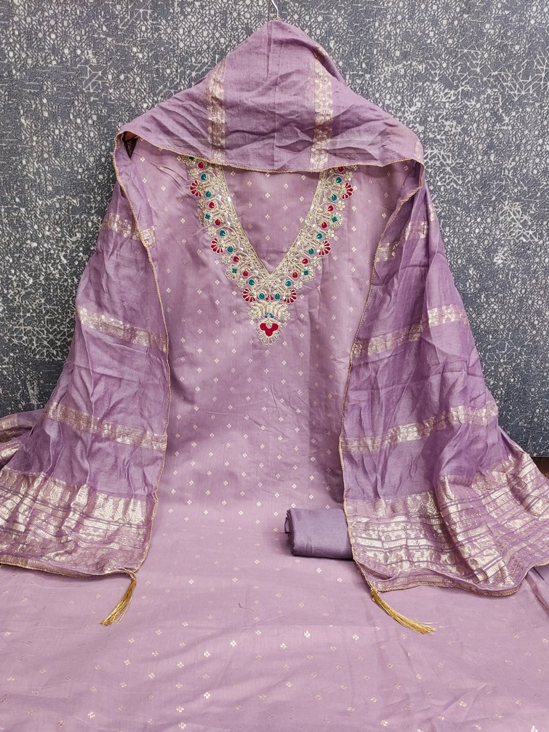 Lavender Embroidered Chanderi Unstitched Dress Material - Image 5