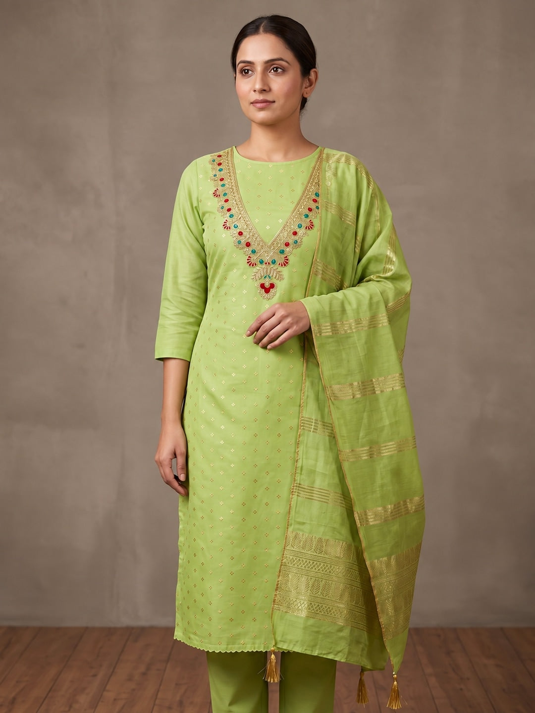 Lime Green Embroidered Chanderi Unstitched Dress Material - Image 2