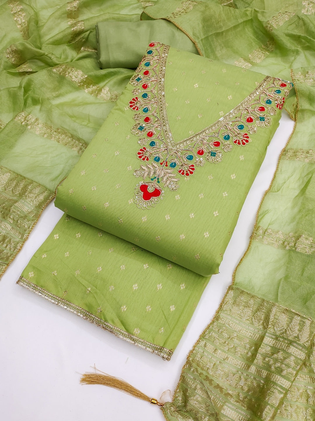 Lime Green Embroidered Chanderi Unstitched Dress Material - Image 3