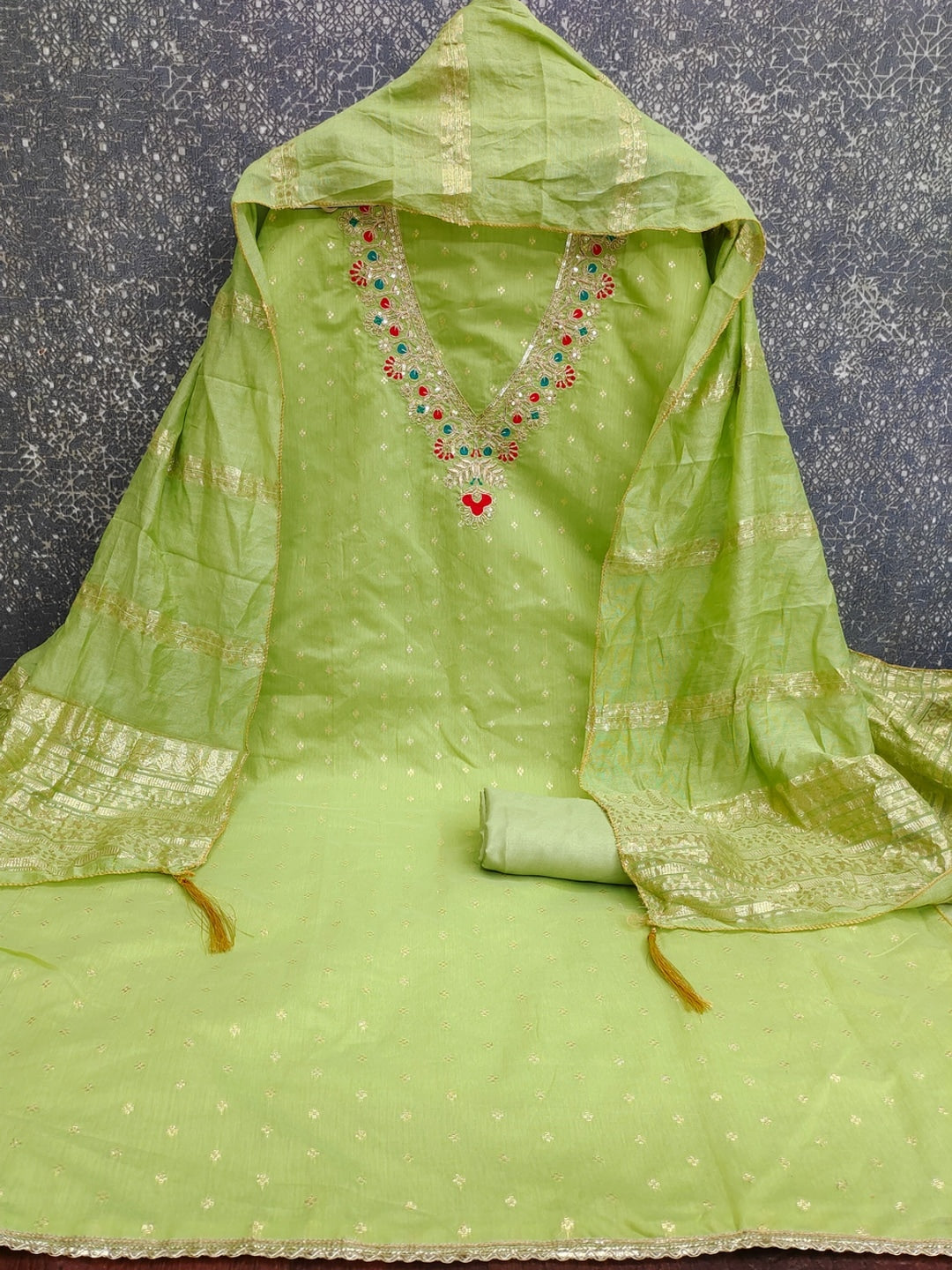 Lime Green Embroidered Chanderi Unstitched Dress Material - Image 5