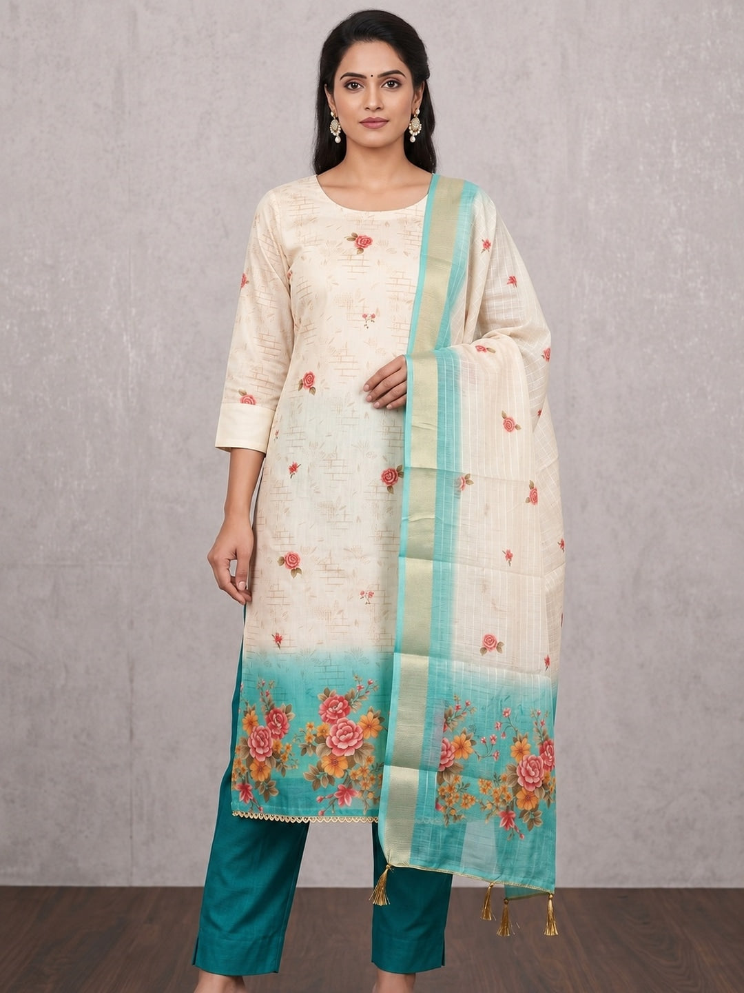 Cream Turquoise Floral Printed Unstitched Dress Material - Image 2