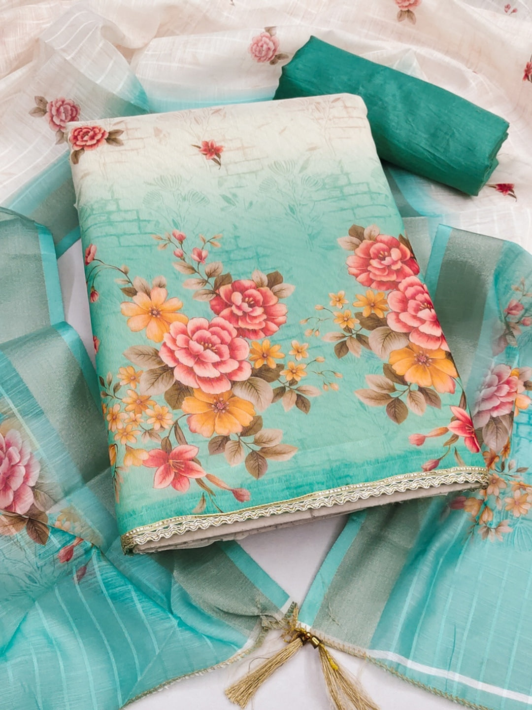 Cream Turquoise Floral Printed Unstitched Dress Material - Image 4