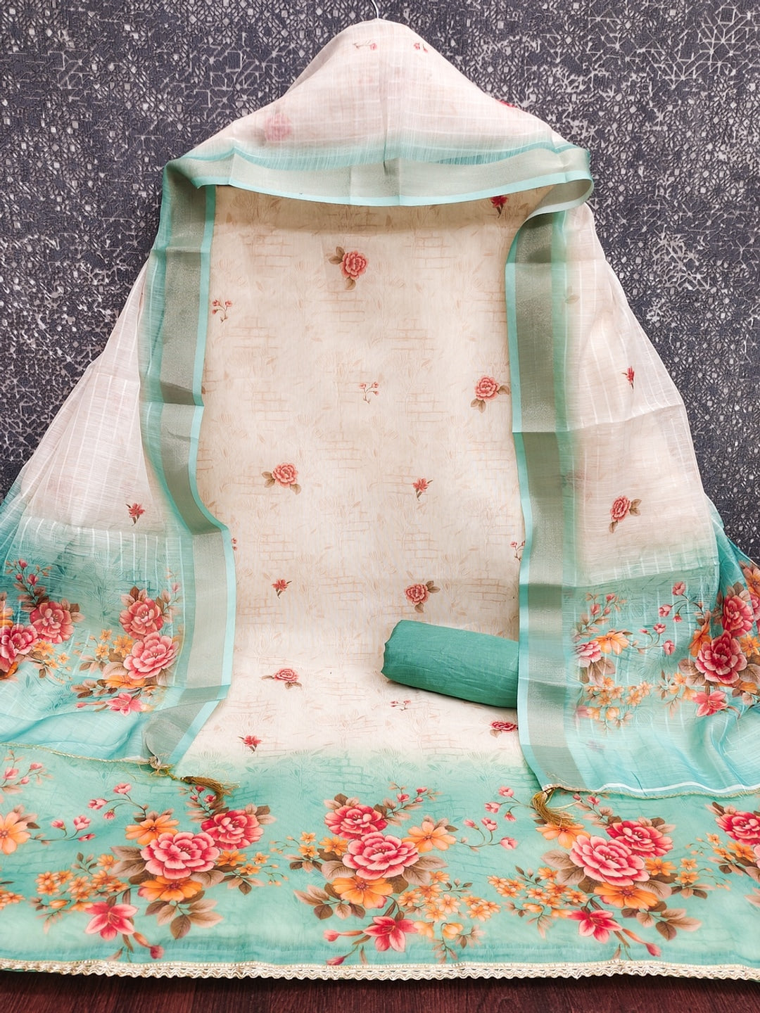 Cream Turquoise Floral Printed Unstitched Dress Material - Image 5