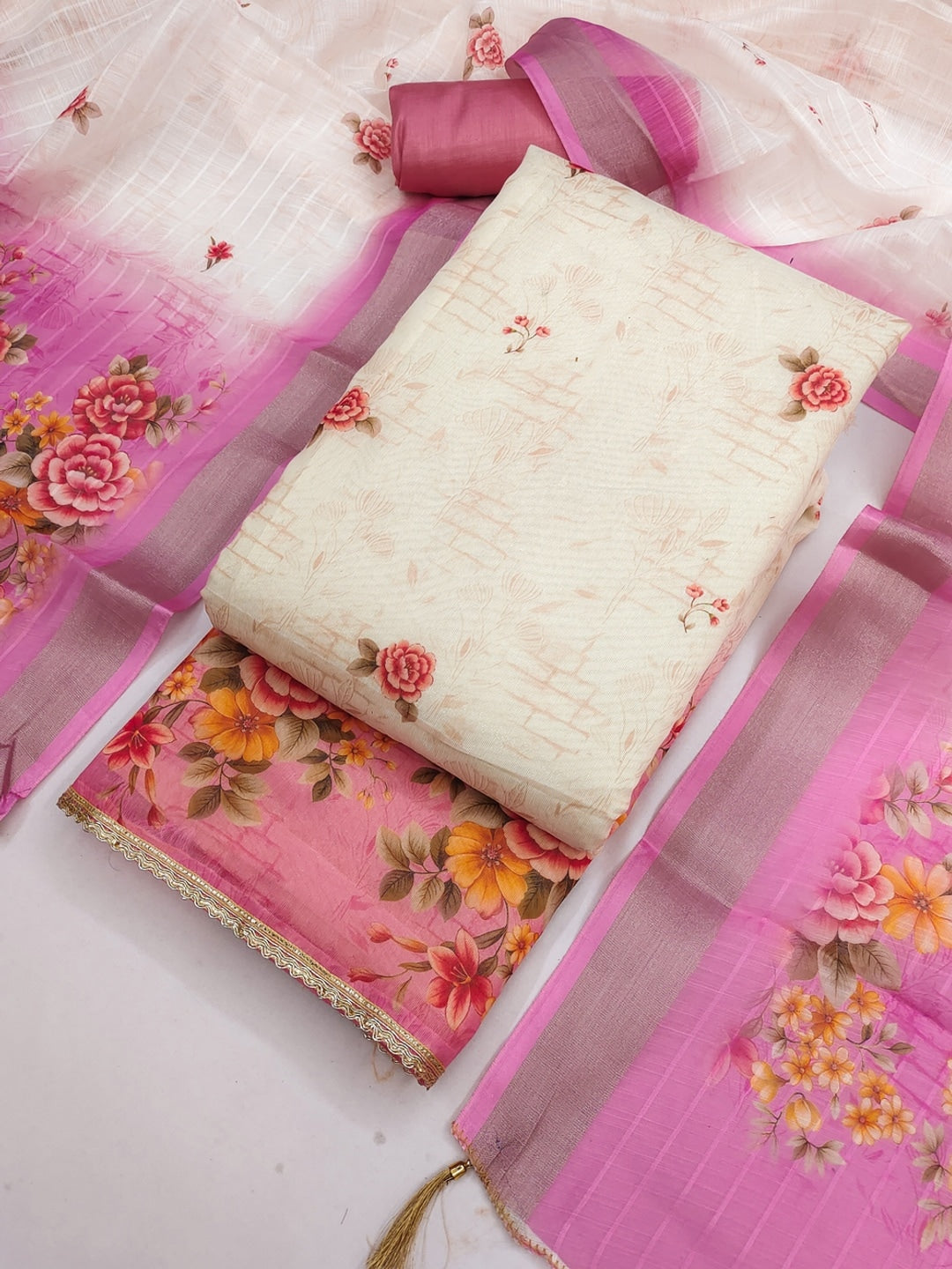 Cream Pink Floral Printed Unstitched Dress Material - Image 3