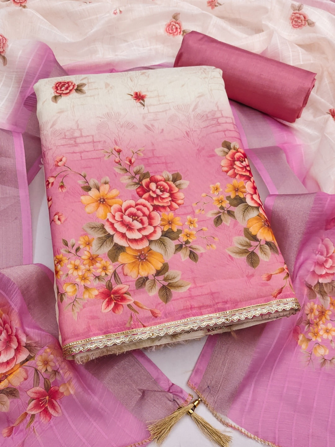 Cream Pink Floral Printed Unstitched Dress Material - Image 4