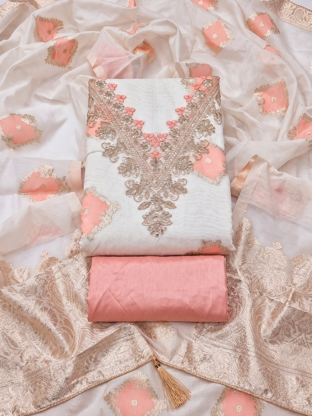 Cream Peach Embroidered Cotton Unstitched Dress Material - Image 1