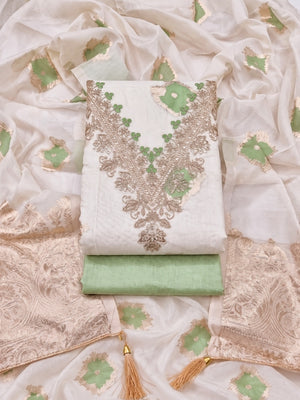 Cream Light Green Embroidered Cotton Unstitched Dress Material - Image 1