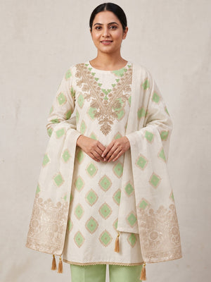 Cream Light Green Embroidered Cotton Unstitched Dress Material - Image 2