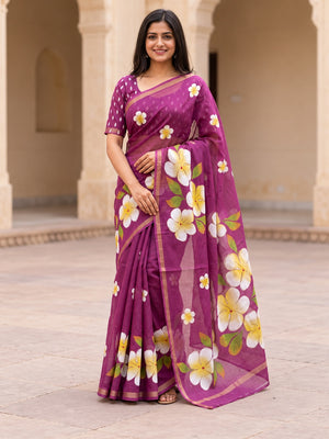 Wine Floral Printed Mul Cotton Saree with Printed Blouse - Image 1